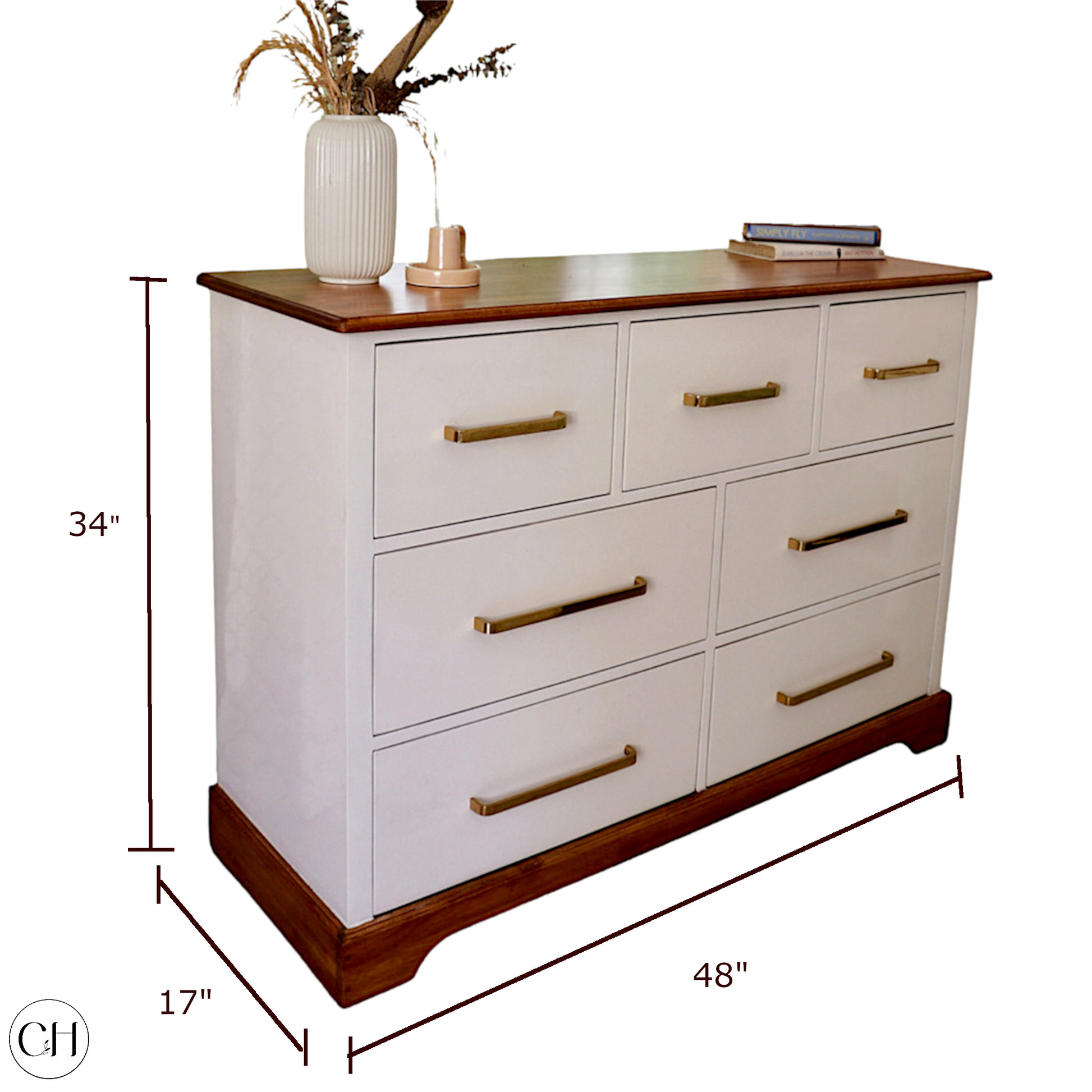 CustHum-Wisteria - rustic-modern chest of drawers in two-tone white-and-wood finish, brass-coated handles (dimensions 48x17x34)