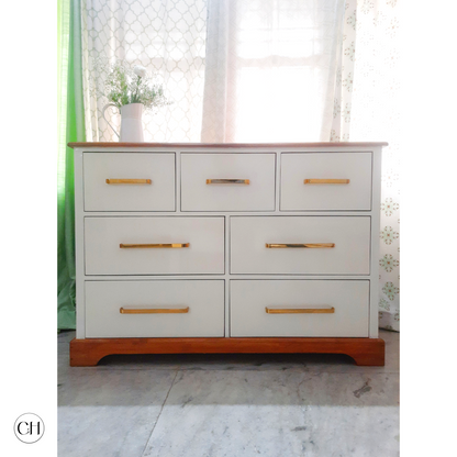 CustHum-Wisteria - rustic-modern chest of drawers in two-tone white-and-wood finish, brass-coated handles (front view)